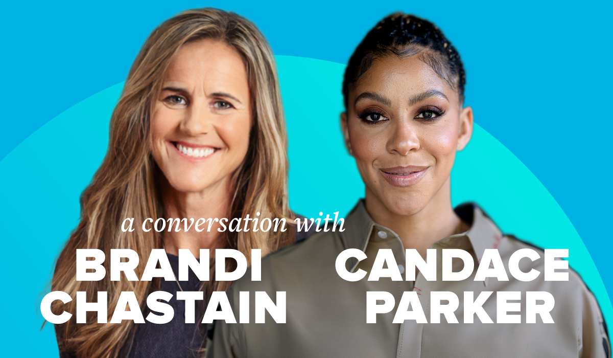 Headshots of Brandi Chastain and Candace Parker in front of a blue background