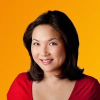 Portrait of Pamela Wu against a yellow and orange gradient background.